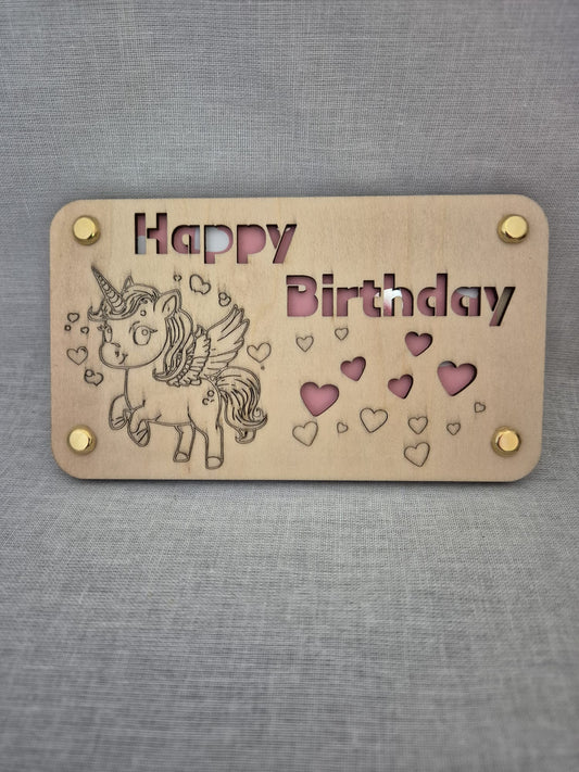Holz Karte Happy Birthday Einhorn