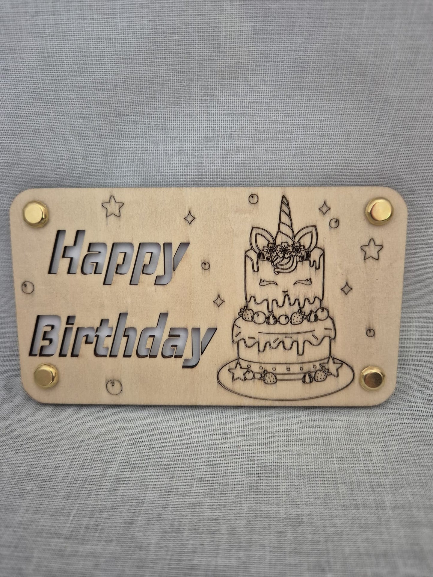 Holz Karte Happy Birthday Einhorntorte