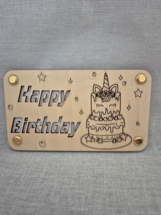 Holz Karte Happy Birthday Einhorntorte